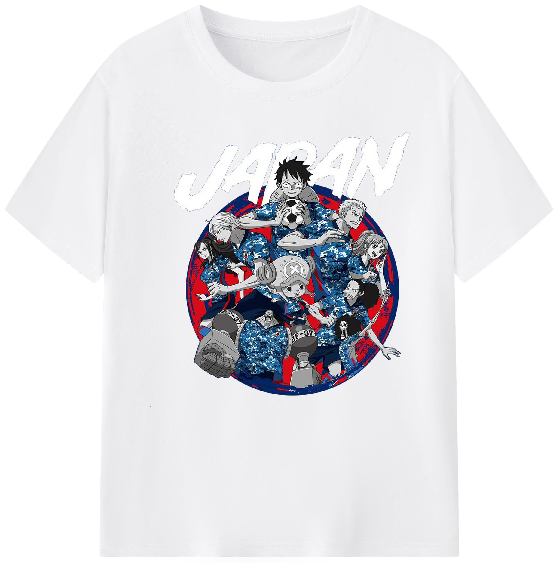 サムライブルー × ワンピース コラボ - 綿100％ 半袖Tシャツ ・ フロントプリント ・ 快適 通気性 ・ 日常使い 散歩 スポーツ用