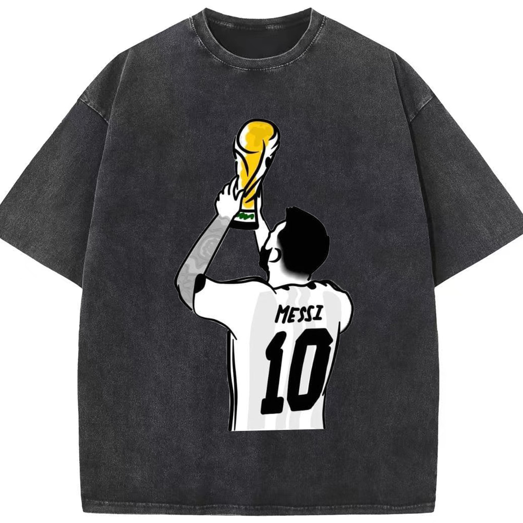 メッシ レジェンド記念｜W杯優勝シーン風 デザイン - 綿100％ ヴィンテージ風 半袖Tシャツ ・ フロントプリント ・ 柔らか肌触り ・ 通気性 快適 ・ スポーツ カジュアル 外出用