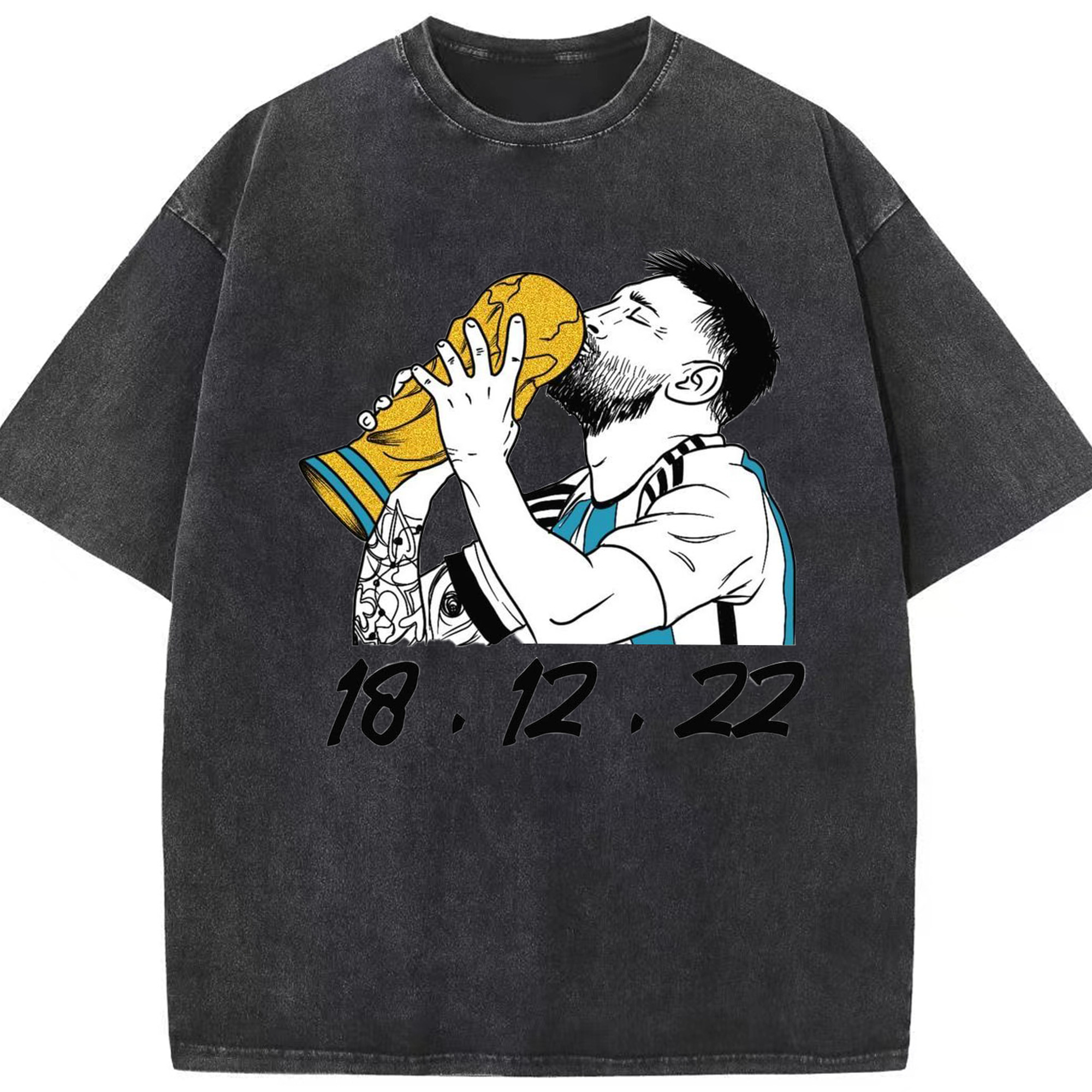 メッシ レジェンド記念｜W杯優勝シーン風 - 綿100％ ヴィンテージ風 半袖Tシャツ ・ フロントプリント ・ 柔らか肌触り ・ 通気性 快適 ・ スポーツ カジュアル 外出用