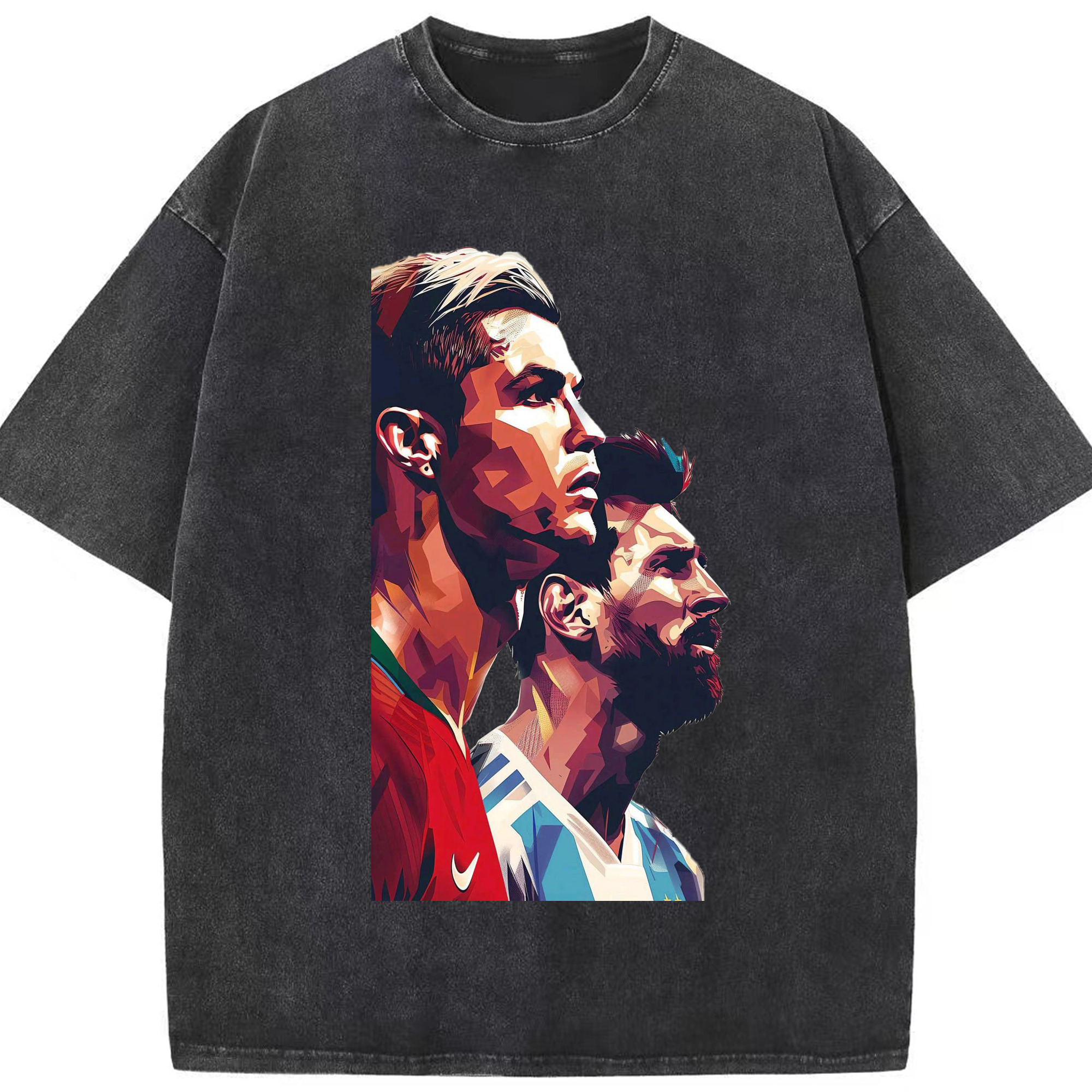 メッシ × ロナウド サッカー レジェンドコラボ - 綿100％ ヴィンテージ風 半袖Tシャツ ・ フロントプリント ・ 柔らか肌触り ・ 通気性 快適 ・ スポーツ カジュアル 外出用