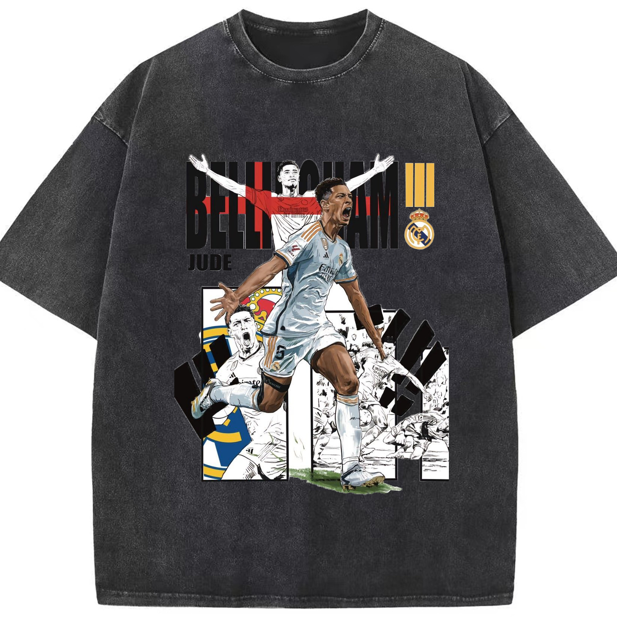 話題の若手スター！ベリンガムプリント - 綿100％ ヴィンテージ風 半袖Tシャツ ・ フロントプリント ・ 柔らか肌触り ・ 通気性 快適 ・ スポーツ カジュアル 外出用