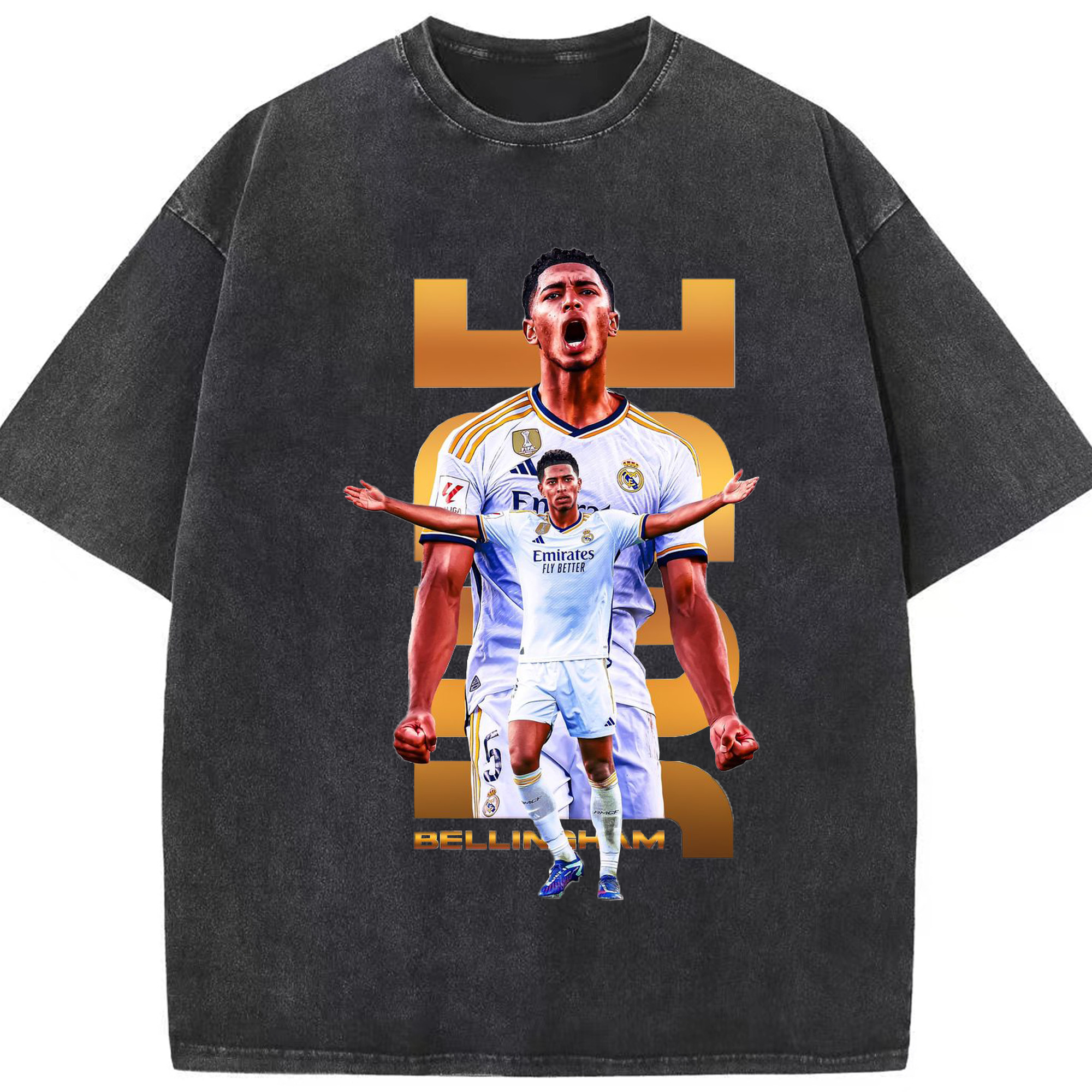 胸を張れ、若き10番！ベリンガムプリント - 綿100％ ヴィンテージ風 半袖Tシャツ ・ フロントプリント ・ 柔らか肌触り ・ 通気性 快適 ・ スポーツ カジュアル 外出用