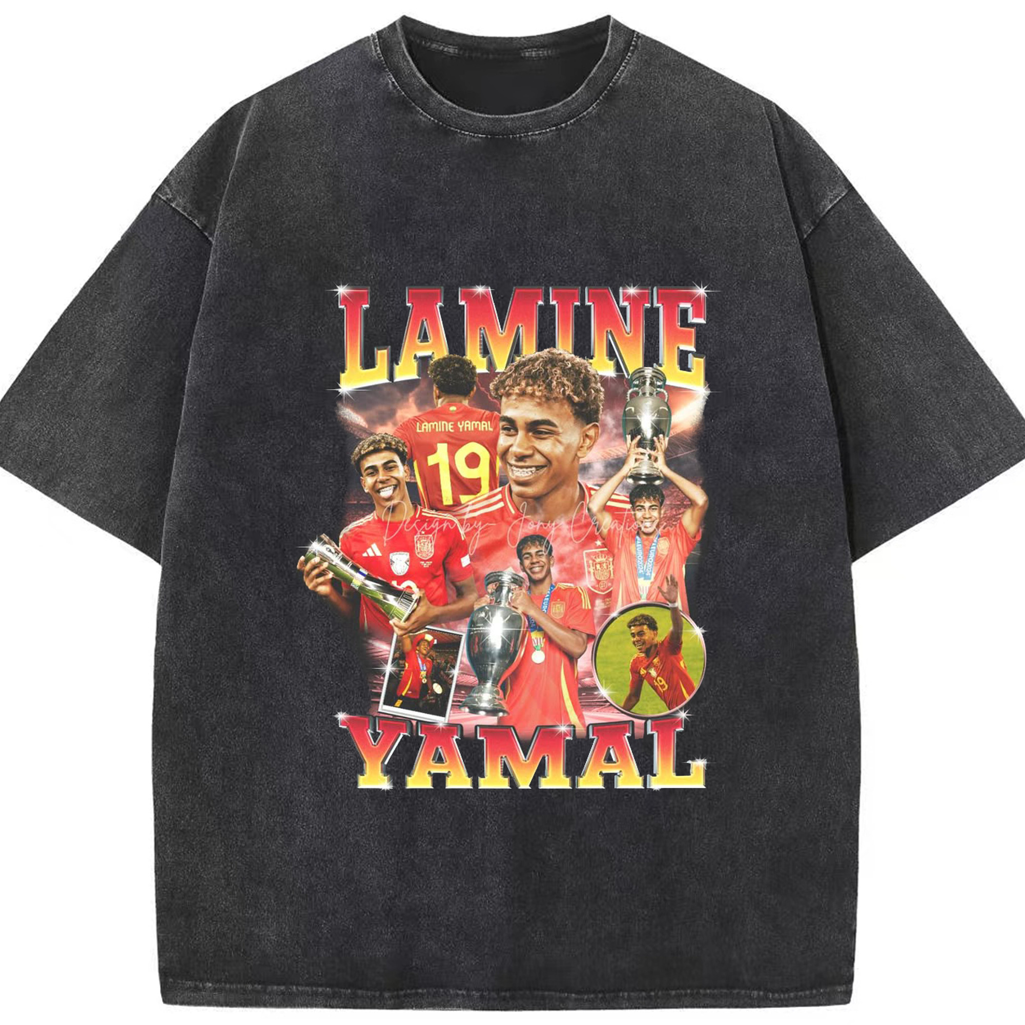 Lamine Yamal 史上最年少の10番 - 綿100％ ヴィンテージ風 半袖Tシャツ ・ フロントプリント ・ 柔らか肌触り ・ 通気性 快適 ・ スポーツ カジュアル 外出用