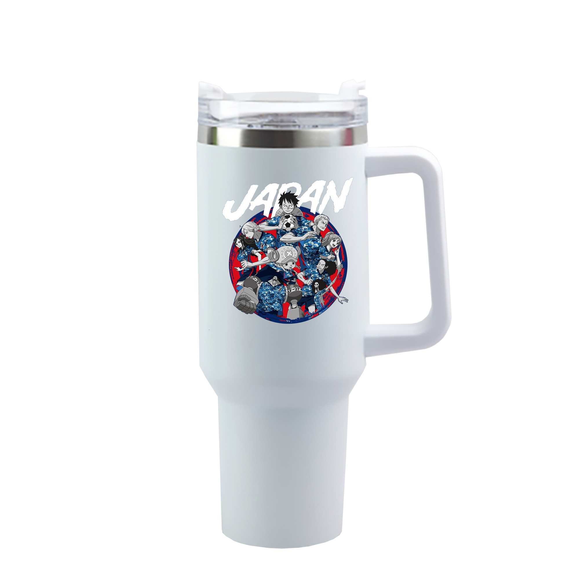 サムライブルー × ワンピース コラボ - 1200mL 車用タンブラー ・ クリスタルステッカー ・ 304ステンレス 内側 ・ 201ステンレス 外側 ・ 保温 保冷 ・ ハンドル＆ストロー付き ・ 通勤 ドライブ アウトドア用