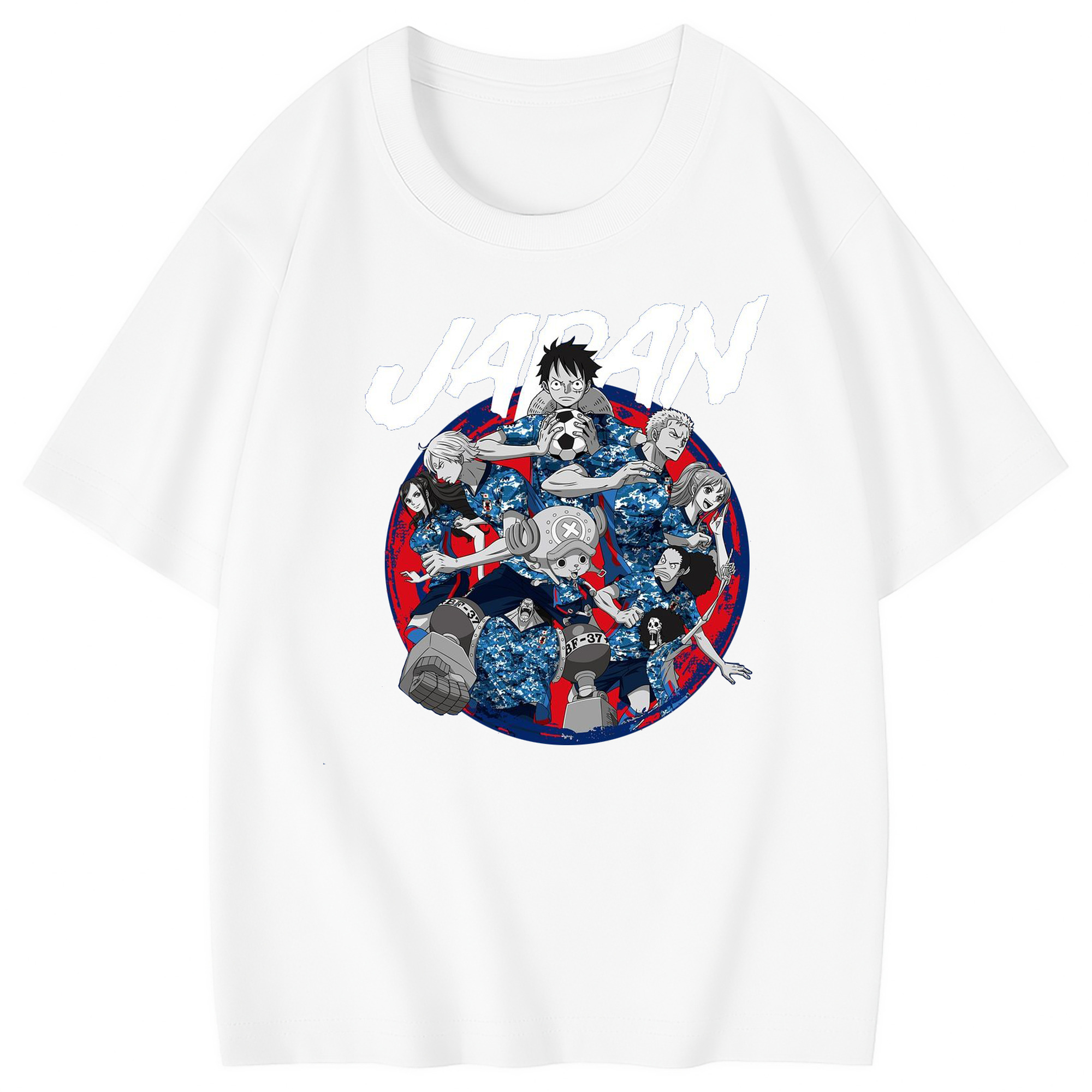 サムライブルー × ワンピース コラボ - 綿100％ キッズTシャツ ・ フロントプリント ・ 快適 通気性 ・ スポーツ カジュアル 散歩用