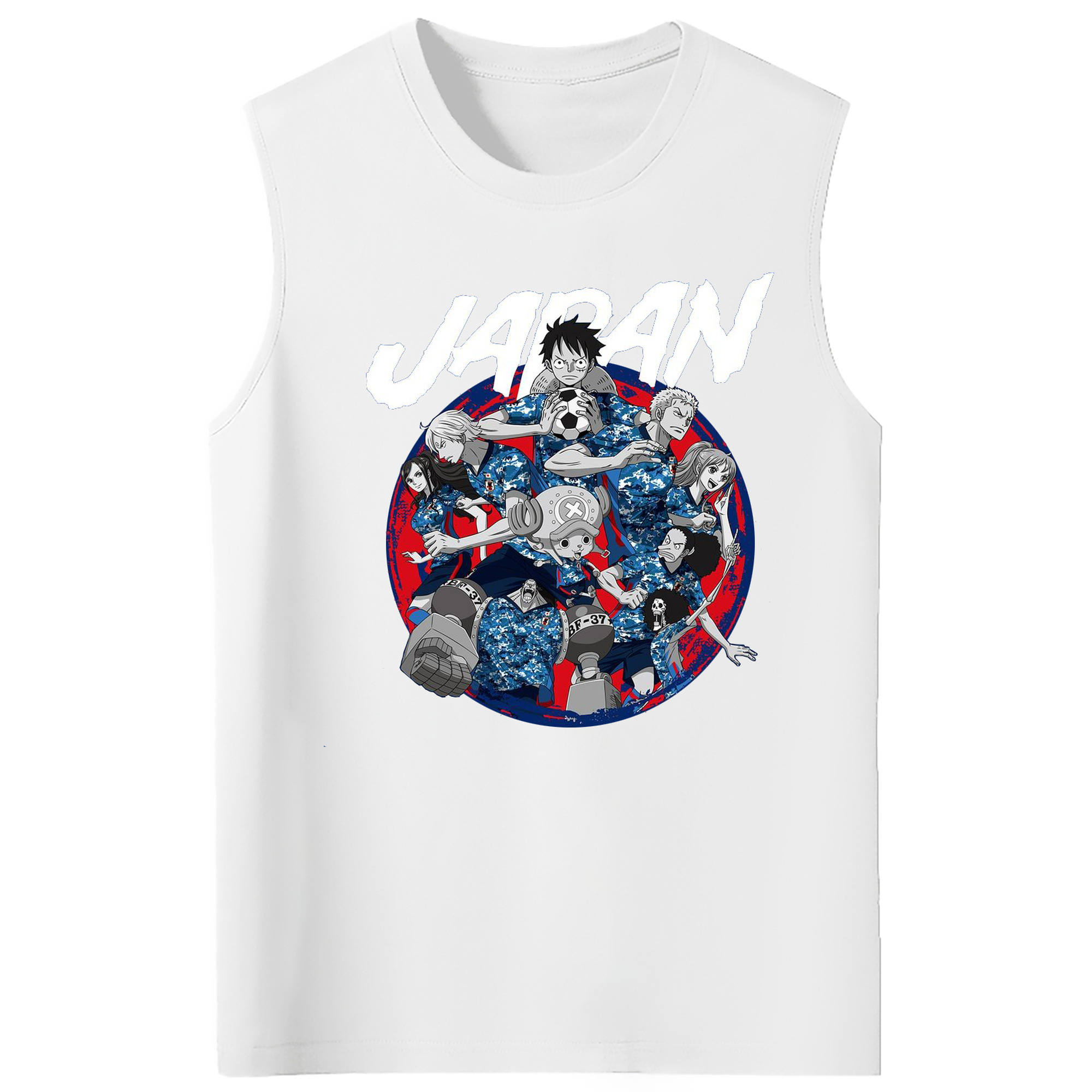 サムライブルー × ワンピース コラボ - コットン100％ タンクトップ ・ フロントプリント ・ タイトフィット ・ 快適 通気性 ・ スポーツ カジュアル 散歩用