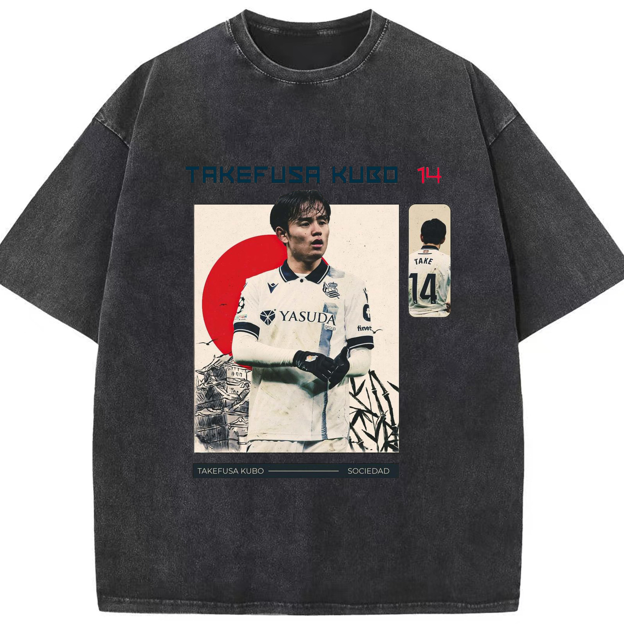 久保建英 サムライスピリット 国境を超える才能 - 綿100％ ヴィンテージ風 半袖Tシャツ ・ フロントプリント ・ 柔らか肌触り ・ 通気性 快適 ・ スポーツ カジュアル 外出用