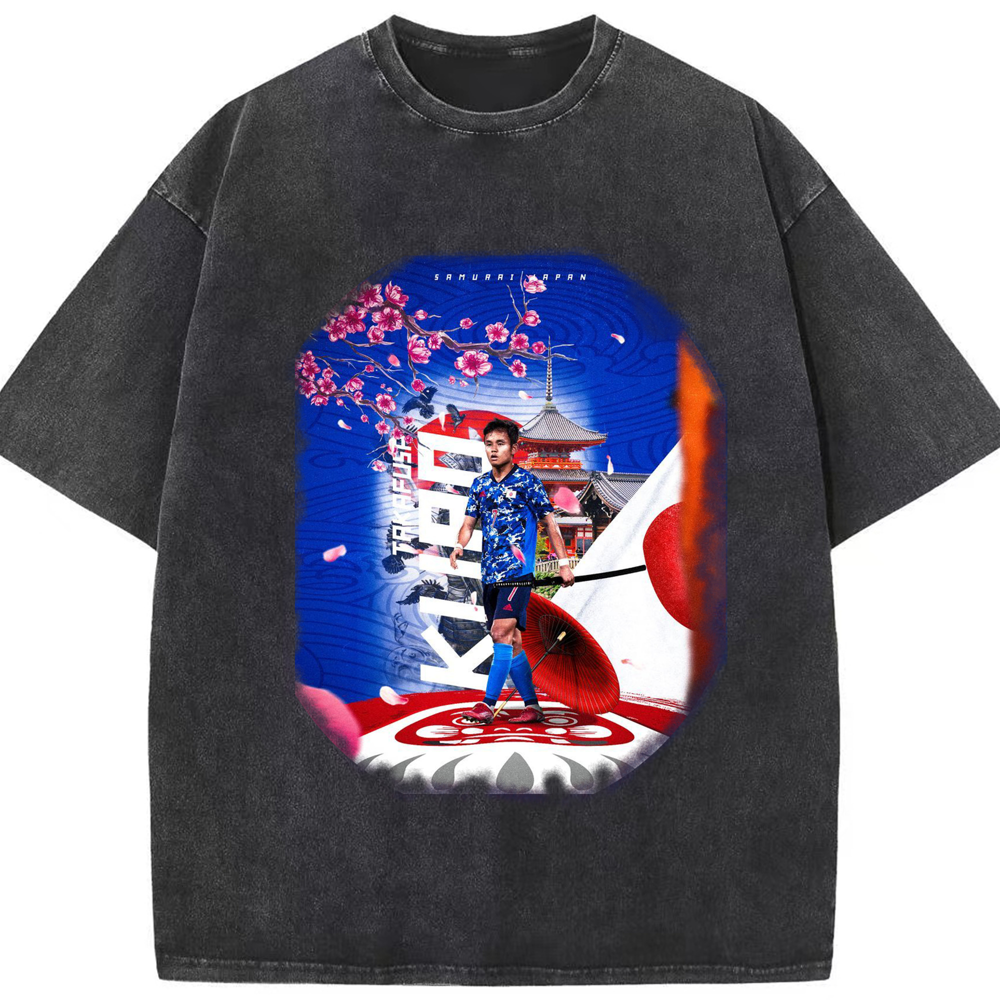 タケの閃光  レアル・ソシエダ  ゴールへの執念 - 綿100％ ヴィンテージ風 半袖Tシャツ ・ フロントプリント ・ 柔らか肌触り ・ 通気性 快適 ・ スポーツ カジュアル 外出用