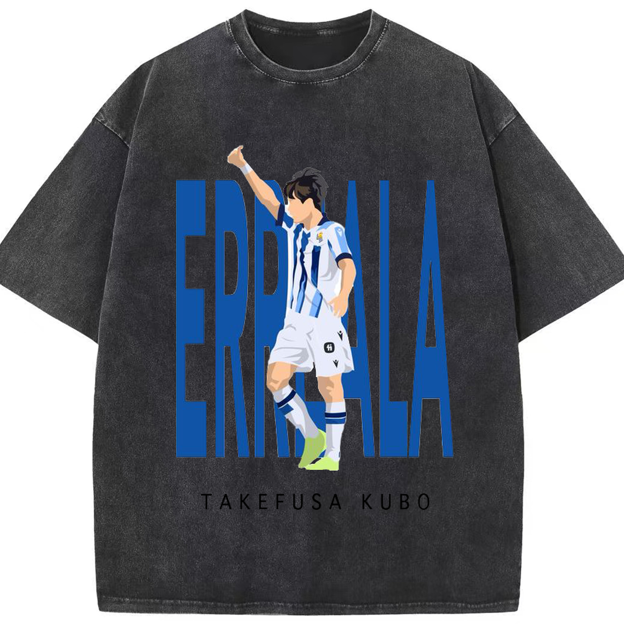 マンガ風タイトル 久保建英 - 綿100％ ヴィンテージ風 半袖Tシャツ ・ フロントプリント ・ 柔らか肌触り ・ 通気性 快適 ・ スポーツ カジュアル 外出用